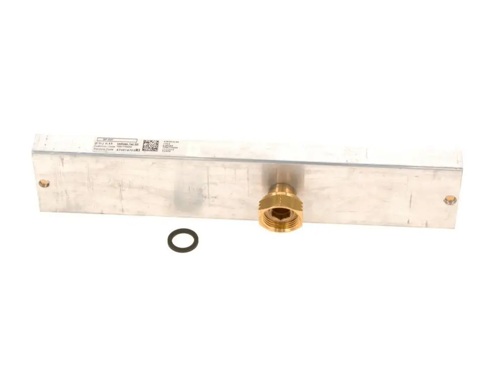 Bosch-Düsenplatte aus Aluminium mit Messinganschluss und Gummidichtung, geeignet für Anwendungen in der Spritzwerktechnik oder ähnlichem.